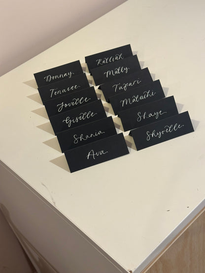 Black Tented Wedding Place Cards | Monochrome Calligraphy Place Cards