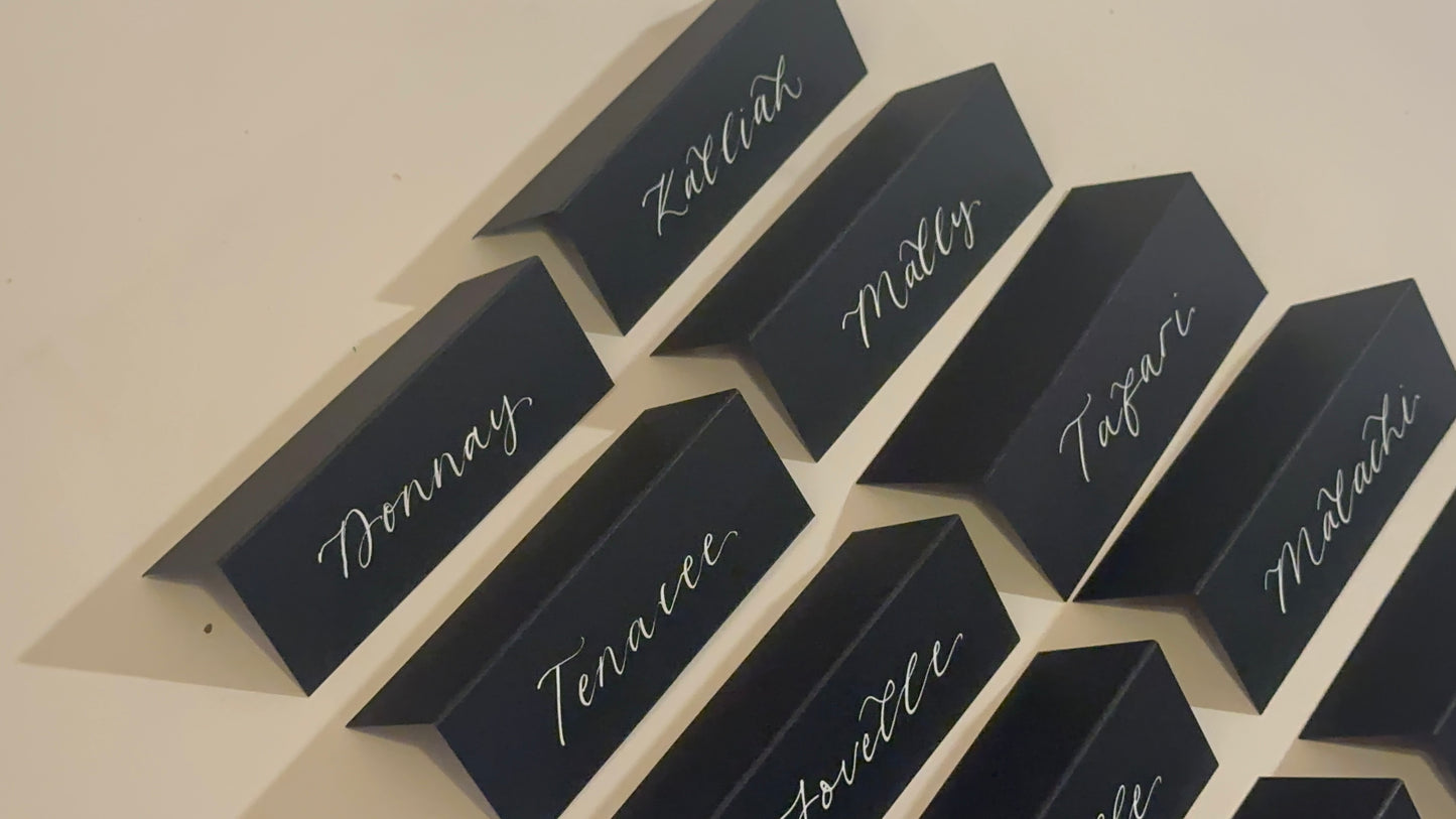 Black Tented Wedding Place Cards | Monochrome Calligraphy Place Cards