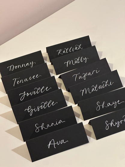 Black Tented Wedding Place Cards | Monochrome Calligraphy Place Cards