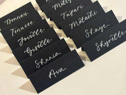 Black Tented Wedding Place Cards | Monochrome Calligraphy Place Cards