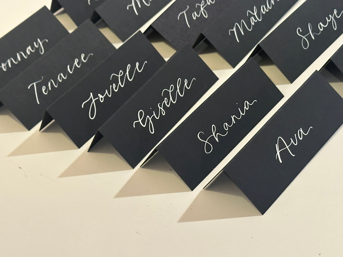 Black Tented Wedding Place Cards | Monochrome Calligraphy Place Cards