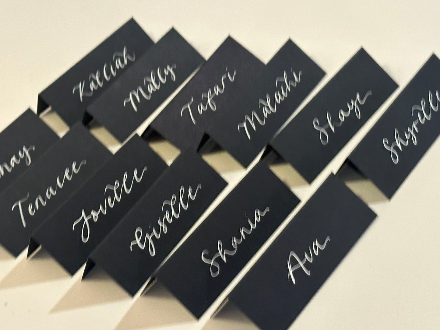 Black Tented Wedding Place Cards | Monochrome Calligraphy Place Cards