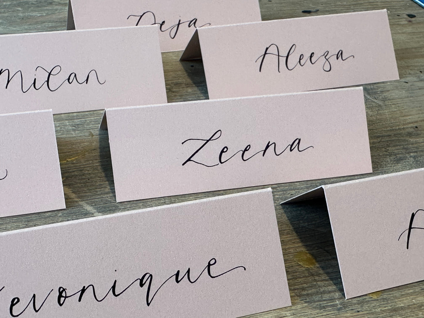 Blush Tented Wedding Place Cards | Pink Calligraphy Place Cards
