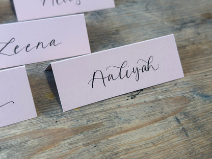 Blush Tented Wedding Place Cards | Pink Calligraphy Place Cards
