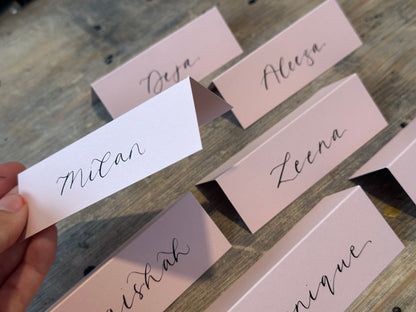 Blush Tented Wedding Place Cards | Pink Calligraphy Place Cards