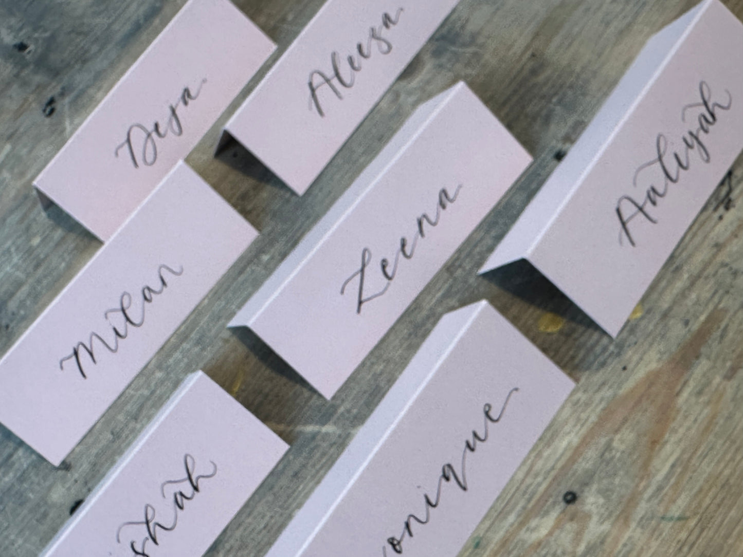 Blush Tented Wedding Place Cards | Pink Calligraphy Place Cards