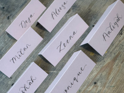 Blush Tented Wedding Place Cards | Pink Calligraphy Place Cards