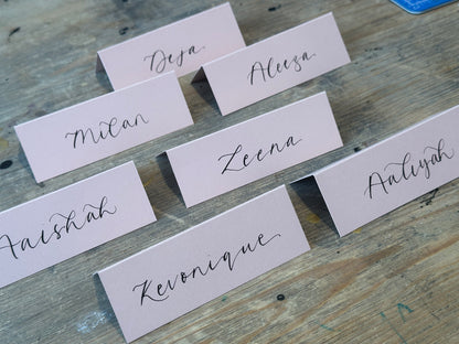 Blush Tented Wedding Place Cards | Pink Calligraphy Place Cards
