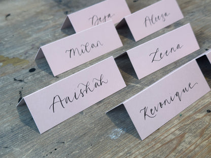 Blush Tented Wedding Place Cards | Pink Calligraphy Place Cards