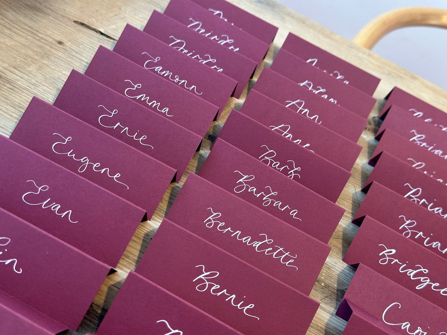 Burgundy Tented Wedding Place Cards | Wine Red Calligraphy Place Cards