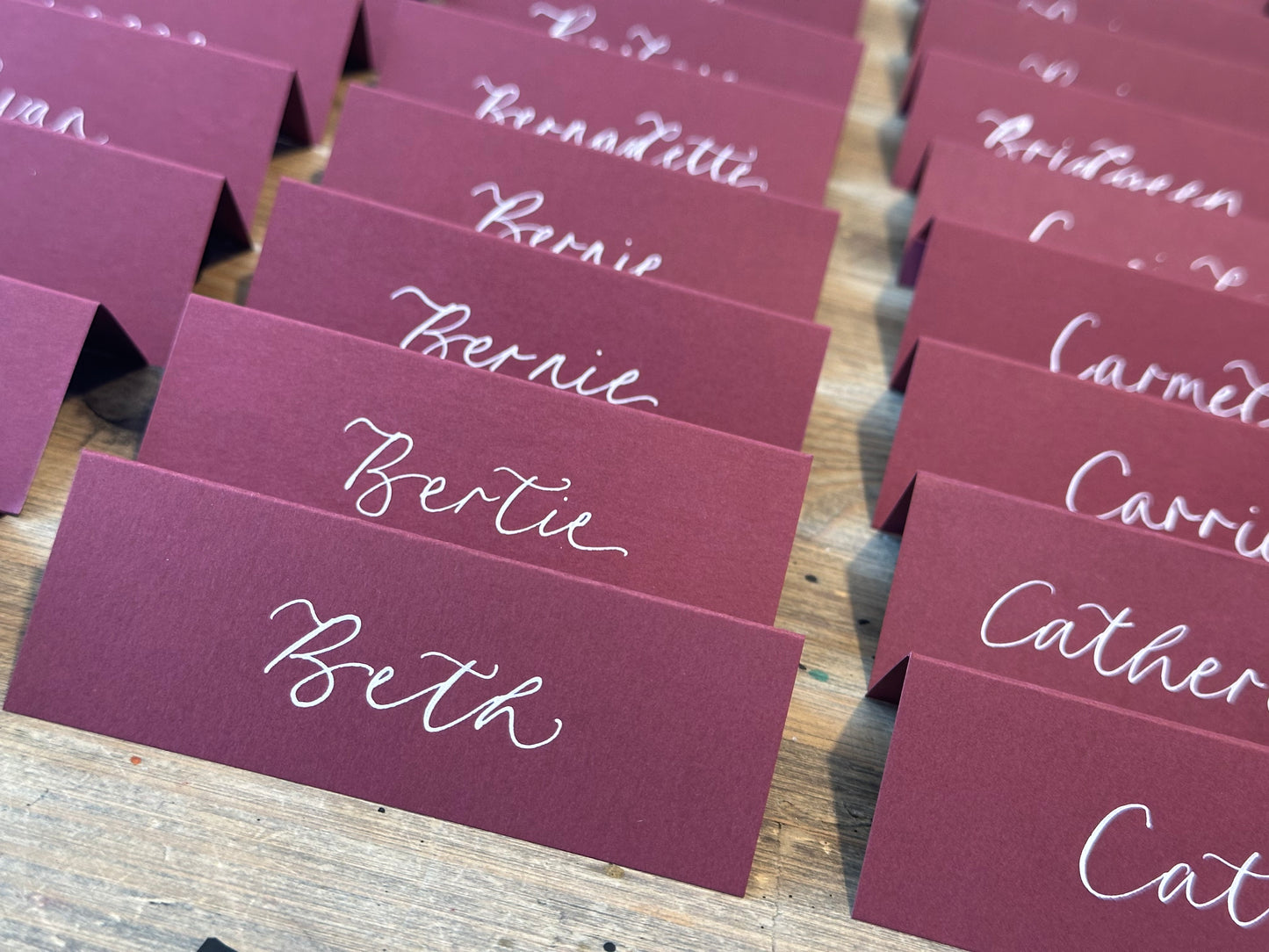 Burgundy Tented Wedding Place Cards | Wine Red Calligraphy Place Cards