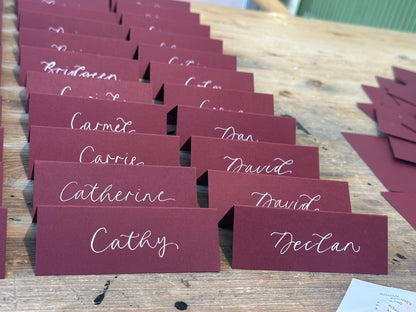 Burgundy Tented Wedding Place Cards | Wine Red Calligraphy Place Cards