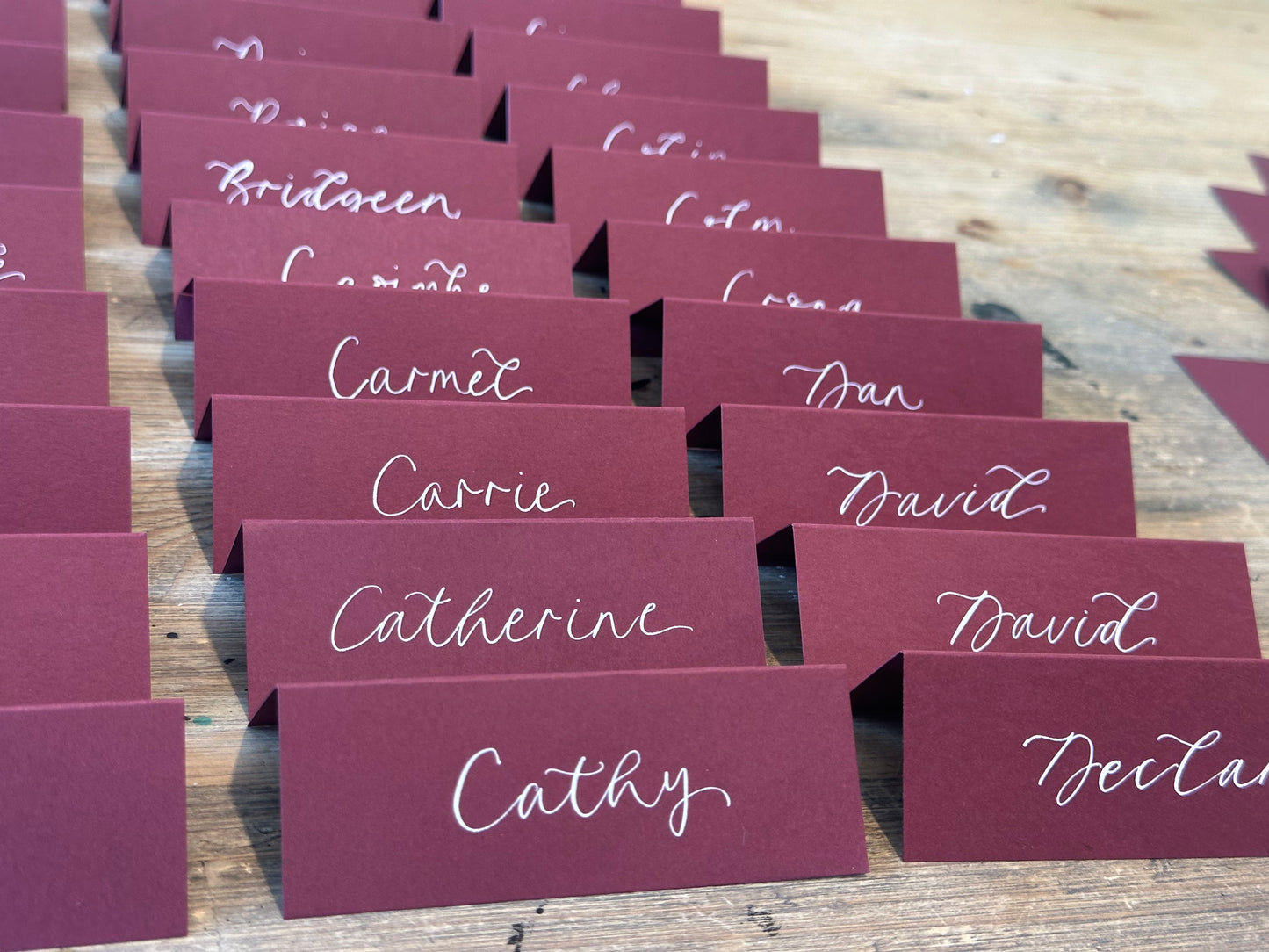 Burgundy Tented Wedding Place Cards | Wine Red Calligraphy Place Cards