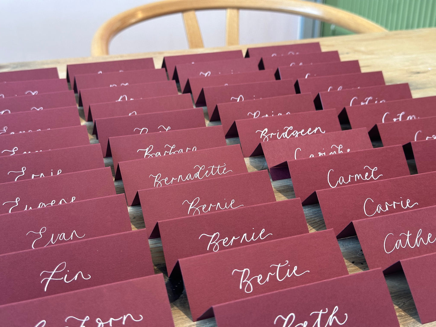 Burgundy Tented Wedding Place Cards | Wine Red Calligraphy Place Cards