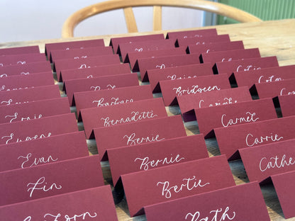 Burgundy Tented Wedding Place Cards | Wine Red Calligraphy Place Cards