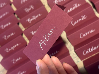 Burgundy Tented Wedding Place Cards | Wine Red Calligraphy Place Cards
