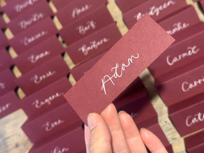 Burgundy Tented Wedding Place Cards | Wine Red Calligraphy Place Cards