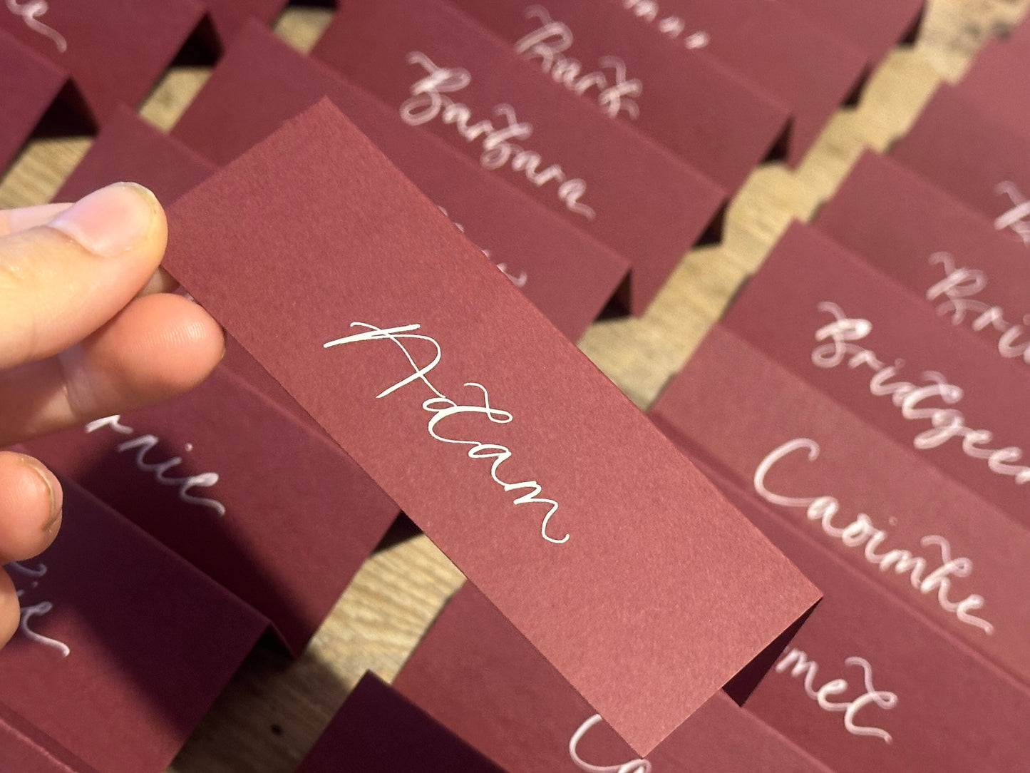 Burgundy Tented Wedding Place Cards | Wine Red Calligraphy Place Cards