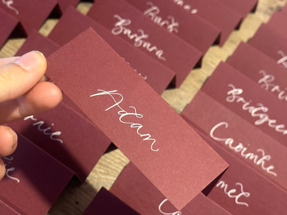 Burgundy Tented Wedding Place Cards | Wine Red Calligraphy Place Cards