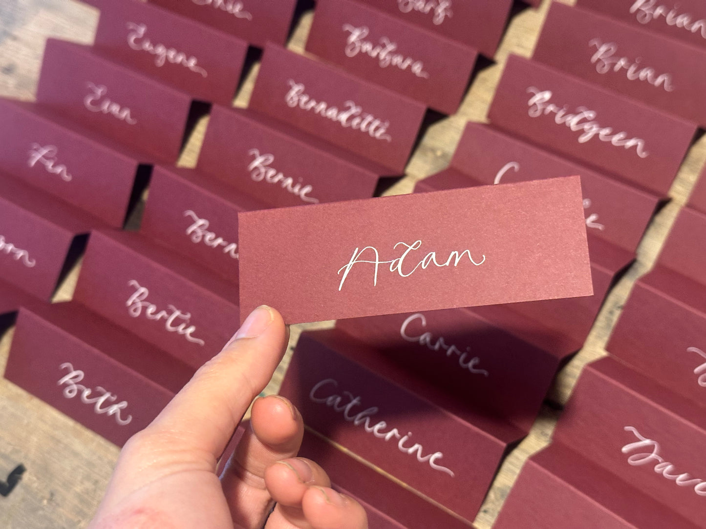Burgundy Tented Wedding Place Cards | Wine Red Calligraphy Place Cards