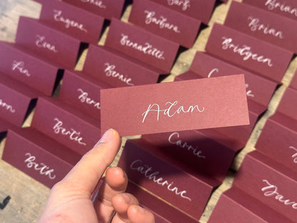 Burgundy Tented Wedding Place Cards | Wine Red Calligraphy Place Cards