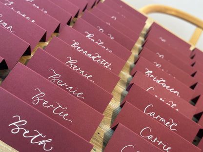 Burgundy Tented Wedding Place Cards | Wine Red Calligraphy Place Cards