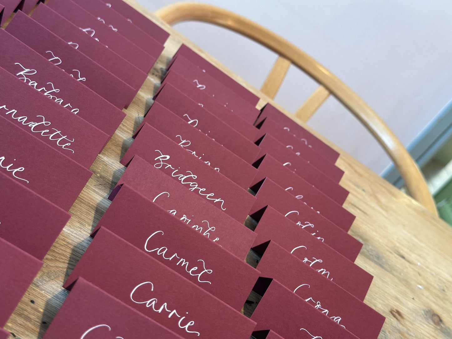 Burgundy Tented Wedding Place Cards | Wine Red Calligraphy Place Cards