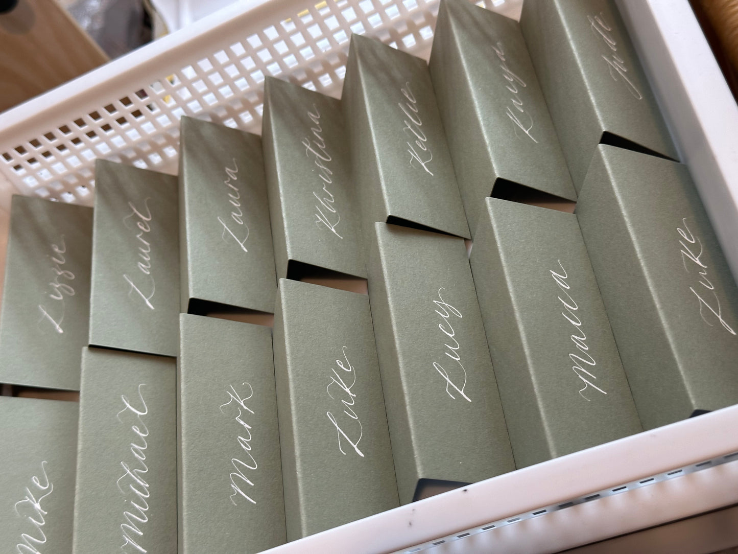 Eucalyptus Tented Wedding Place Cards | Green Calligraphy Place Cards