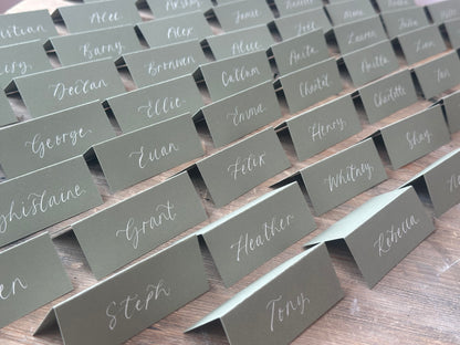 Eucalyptus Tented Wedding Place Cards | Green Calligraphy Place Cards