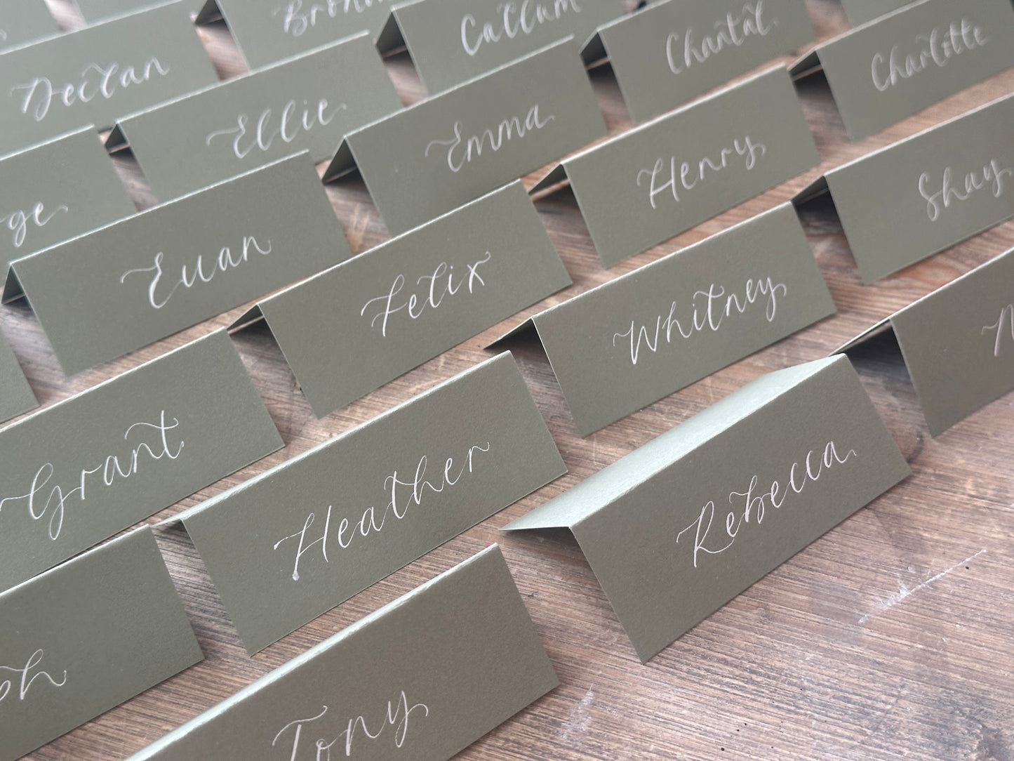 Eucalyptus Tented Wedding Place Cards | Green Calligraphy Place Cards