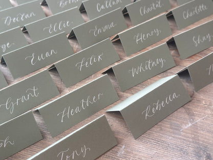 Eucalyptus Tented Wedding Place Cards | Green Calligraphy Place Cards