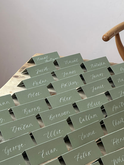 Eucalyptus Tented Wedding Place Cards | Green Calligraphy Place Cards