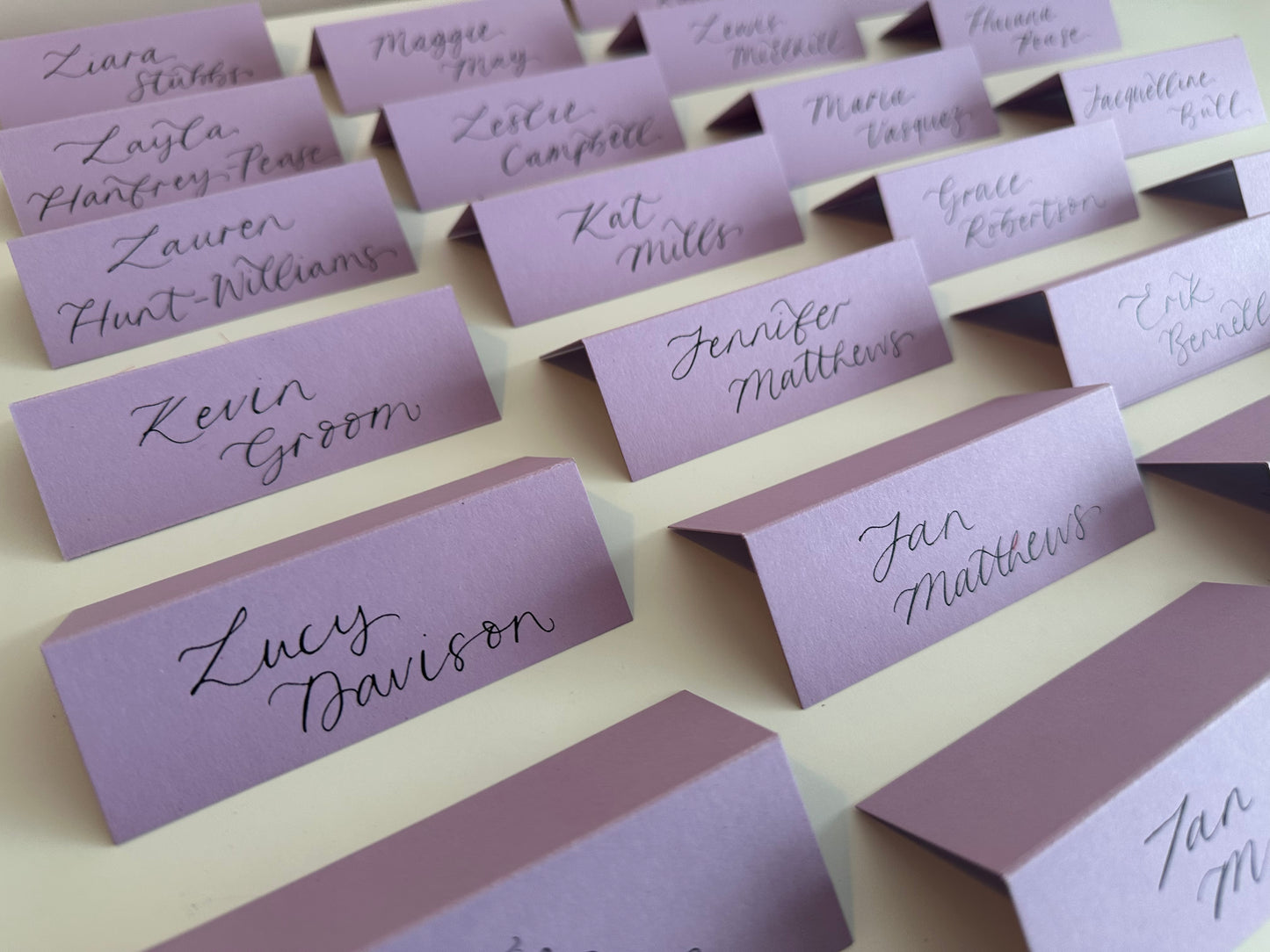 Lavender Lilac Tented Wedding Place Cards | Calligraphy Place Cards