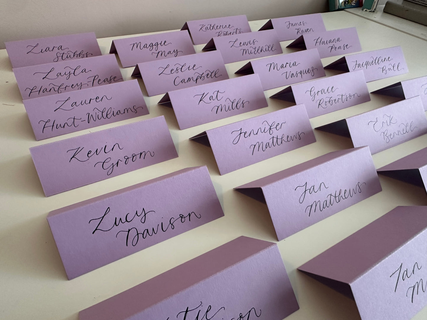 Lavender Lilac Tented Wedding Place Cards | Calligraphy Place Cards