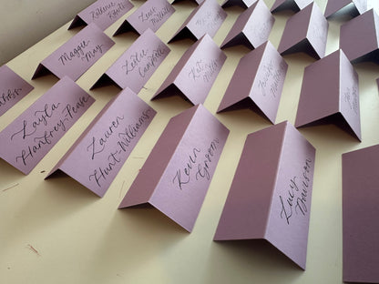 Lavender Lilac Tented Wedding Place Cards | Calligraphy Place Cards