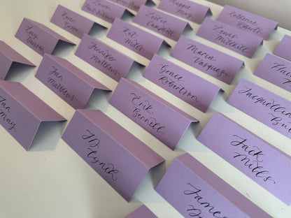 Lavender Lilac Tented Wedding Place Cards | Calligraphy Place Cards