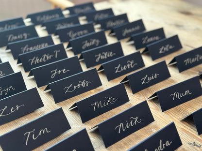 NAVY Calligraphy Tented Place Name Card | Calligraphy Wedding Place Name Card | Folded Place Card