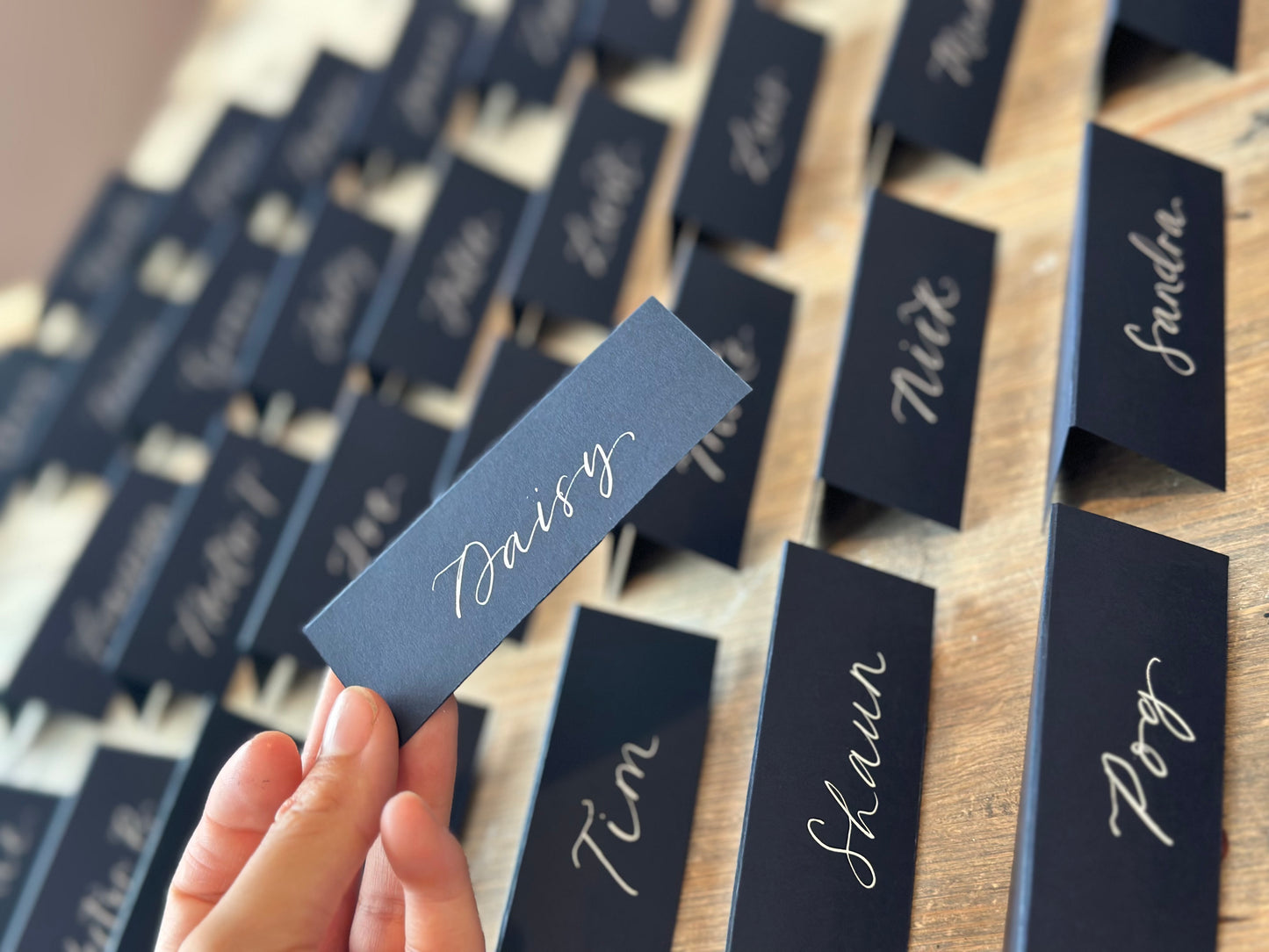 NAVY Calligraphy Tented Place Name Card | Calligraphy Wedding Place Name Card | Folded Place Card
