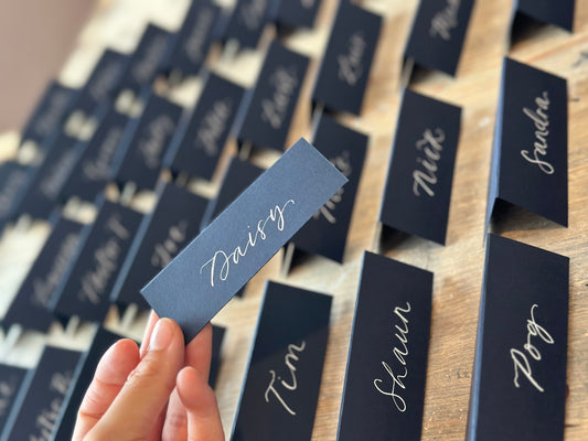 NAVY Calligraphy Tented Place Name Card | Calligraphy Wedding Place Name Card | Folded Place Card