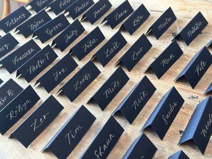 NAVY Calligraphy Tented Place Name Card | Calligraphy Wedding Place Name Card | Folded Place Card