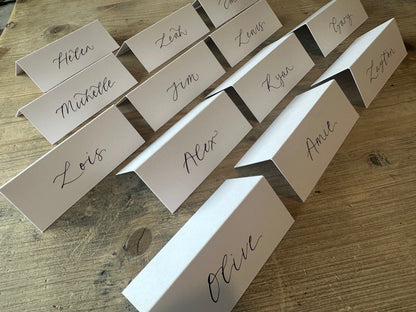 WHITE Calligraphy Tented Place Name Card | Calligraphy Wedding Place Name Card | Folded Place Card