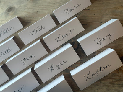 WHITE Calligraphy Tented Place Name Card | Calligraphy Wedding Place Name Card | Folded Place Card