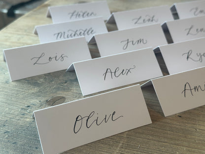 WHITE Calligraphy Tented Place Name Card | Calligraphy Wedding Place Name Card | Folded Place Card