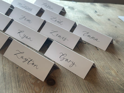 WHITE Calligraphy Tented Place Name Card | Calligraphy Wedding Place Name Card | Folded Place Card