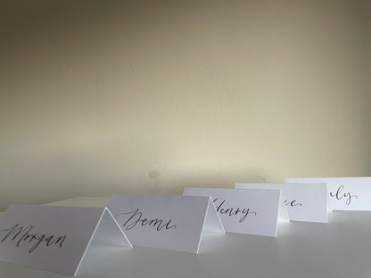 WHITE Calligraphy Tented Place Name Card | Calligraphy Wedding Place Name Card | Folded Place Card