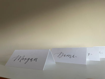 WHITE Calligraphy Tented Place Name Card | Calligraphy Wedding Place Name Card | Folded Place Card
