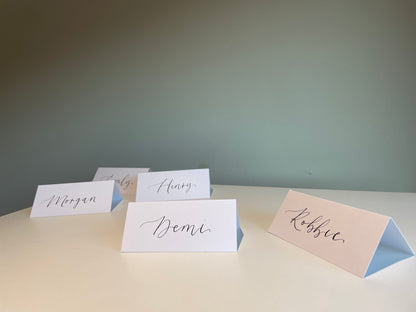 WHITE Calligraphy Tented Place Name Card | Calligraphy Wedding Place Name Card | Folded Place Card