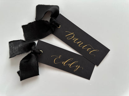 BLACK Ribbon Calligraphy Place Name Card | White Calligraphy Wedding Place Name Card | Gold or Silver Eyelet Place Card