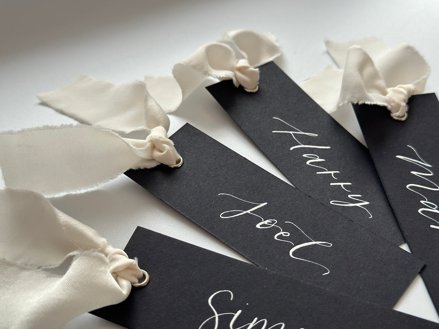 BLACK Ribbon Calligraphy Place Name Card | White Calligraphy Wedding Place Name Card | Gold or Silver Eyelet Place Card