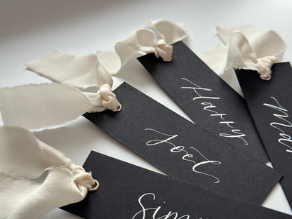 BLACK Ribbon Calligraphy Place Name Card | White Calligraphy Wedding Place Name Card | Gold or Silver Eyelet Place Card